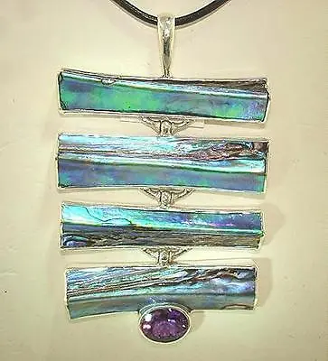 Marta Howell 925 STER Silver NZ Paua Abalone Bars Amethyst Gemstone Pendant #1 • $320