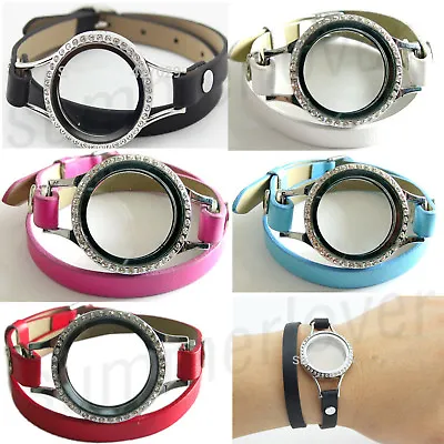 Floating Charm Locket Bracelet + PU Leather Wrap Magnetic Glass Locket Wristband • $4.89