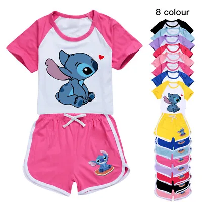 £12.98 • Buy Girls Lilo And Stitch Print Casual T-shirt Tracksuit Set Tshirt Top Shorts Suits