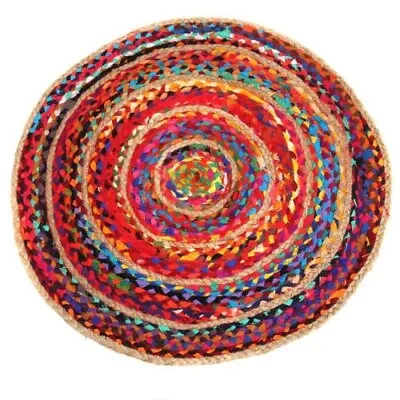 £22.99 • Buy ROUND RAG RUG FAIR TRADE MULTI-COLOURED Recycled Fabric & Jute Indian 70cm NEW!