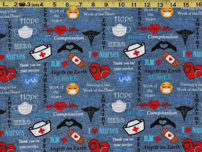 NURSES MEDICAL 100% Cotton Fabric ANGELS ON EARTH New **By The FULL YARD** • $7.95