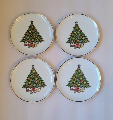 Mount Clemens Christmas  Plates Tree Gold Trim Fine China Cake Dessert Set Of 4 • $30