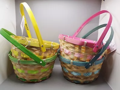 $6.99 • Buy Lot Of 4 8  Woven Easter Baskets 4 Colors Pink Blue Green Yellow Swivel Handle