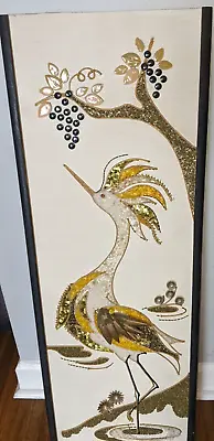 Vintage MCM Mosaic Pebble Gravel Wall Art Golden  Egret Bird  36 X 12.5 • $99.99
