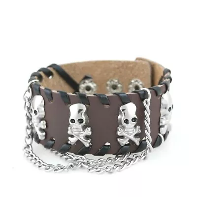 Skull Bracelet Skeleton Punk Link Chain Leather Bracelet • $8.99