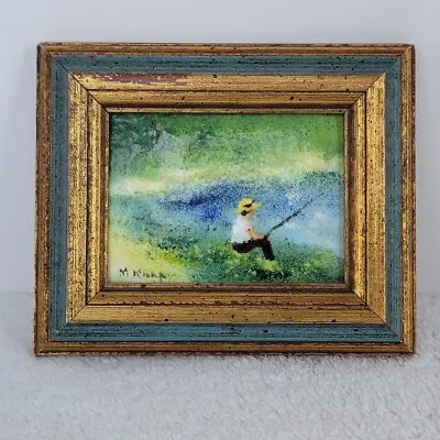 Original Enamel On Copper Signed Max Karp Painting  Boy Fishing  Plate 3 X4  • $200