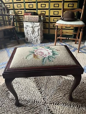 Queen Anne Footstool Needlepoint  Mahogany Frame Upholstered Flower • £50