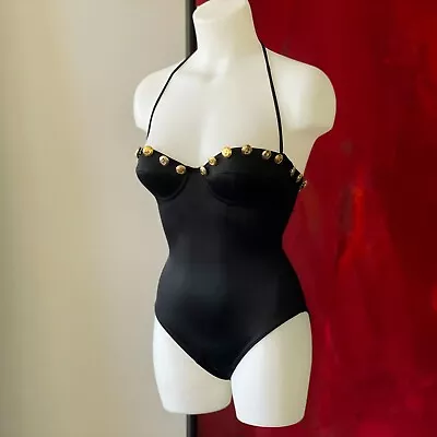 Vintage MOSCHINO 1990s Black Swimsuit W/ Gold-tone Buttons Size 42 / USA 10 • $487.49