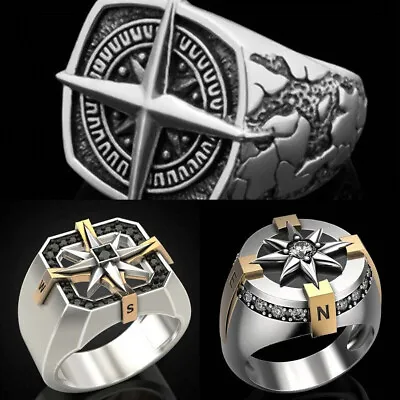 Men Vintage 925Silver Viking Nordic Navigational Compass Ring Party Punk Jewelry • $2.18