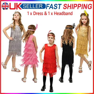 GIRLS FLAPPER DRESS AND HEADPIECE 1920'S CHILDS FANCY DRESS CHARLESTON COSTUMEs • £21.89