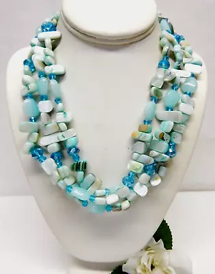 Multi Strand Silver Tone Blue Mother Of Pearl & Crystal Bead Necklace 19  • $6.99