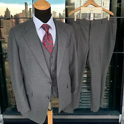Vtg 3 Piece Flannel Suit 44L Chalk Stripe 70s Bespoke By Witlin Gallagher 38x29 • $161.10