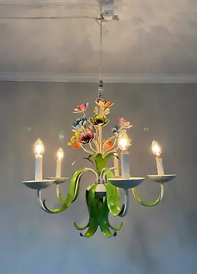 Vintage 60's Italian Florentine Tole Chandelier Ceiling 5 Light Arms Flowers • $475