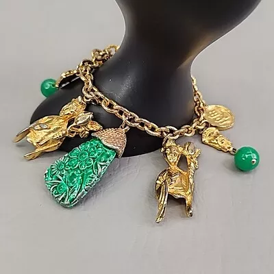 Charm Bracelet Vtg Asian Green Enamel Metal Bead Gold Tone Acrylic Chunky 6.75  • $25