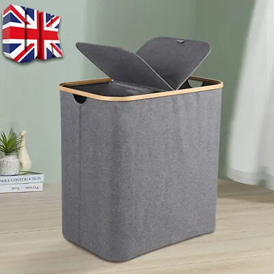 Laundry Basket Foldable Linen Laundry Hamper With Lid 2 Compartments Washing Bin • £15.89