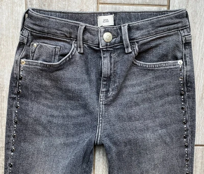 £14.99 • Buy River Island  Super Skinny Dark Grey Jeans Embellished Side 10 R W28 L28