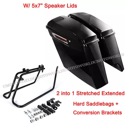 2 Into 1 Extended Saddlebags W/ 5x7  Speaker Lids & Conversion Brackets For Dyna • $395.99