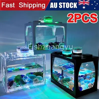 2PCS Mini Aquarium Fish Tank With LED Lamp Light Betta Cylinder Fish Tank NEW O • $12.95
