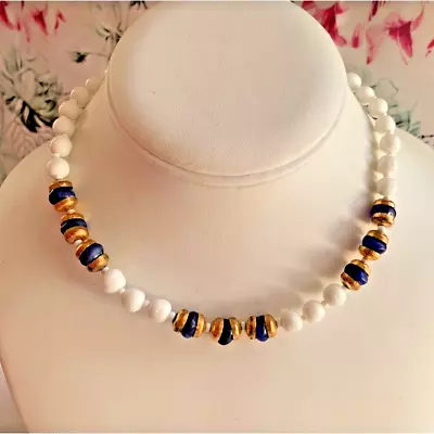 VTG Signed Miriam Haskell Necklace Milk Glass Navy Gold Tone Choker MCM Estate • $95.49