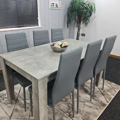 Grey Dining Table And 6 Chairs Wood Stone Grey Effect Kitchen Dining Set For 6 • £229.99