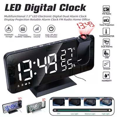 USB Digital Snooze Dual Alarm Clock With Projection FM Radio Mirror LED Display • £21.84