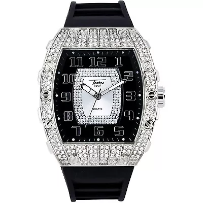 Men Iced Watch Silver Bling Rapper Stylish Simulate Diamond Silicone Band Luxury • $23.50