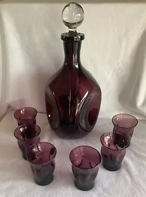 1930s Cambridge Amethyst Glass Pinch Decanter W/ 6 Pinch Glasses Art Deco Vtg • $55