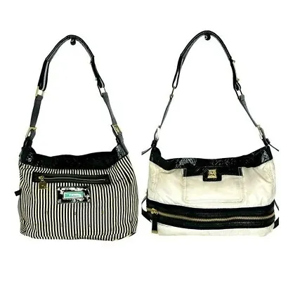 L.A.M.B Reversible White Nylon & Stripes Fabric Patent Leather Strap Hobo Bag • $79.95