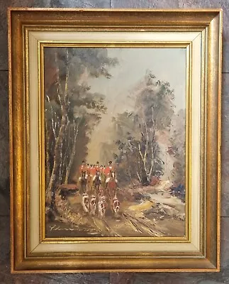 Vintage Framed Signed Oil Painting - Fox Hunt In The Woods With Dogs And Horses • £99.99