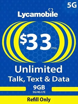 Lycamobile 4G/5G Prepaid $33 Plan Refill Top Up | Recharge | 30 Days Refill Plan • $31