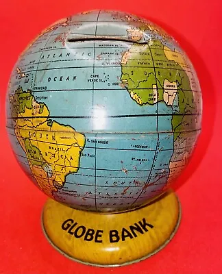 Vintage Chein Tin Metal Litho World Globe Still Bank 4  1950's Yellow Base • $20