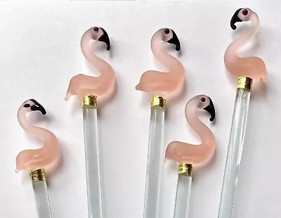 Vintage Art Glass Swizzle Stick Drink Stirrer Pink Flamingo 8  Five Pieces! • $12