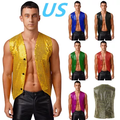 US Men's Shiny Sequins Vest Waistcoat Vintage Button-Up Jacket Tops Clubwear  • $13.59