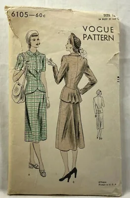 1940s Vogue Sewing Pattern 6105 Womens Suit Dress Size 16 34 Bust Vintage 9239 • $45