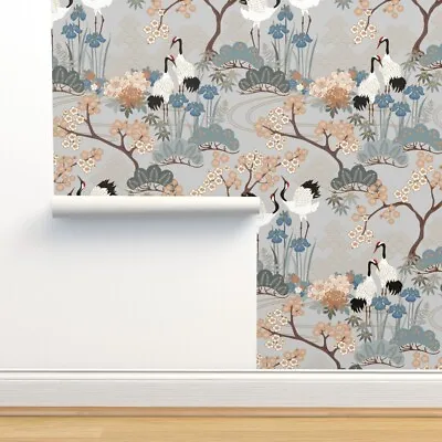 £121.95 • Buy Peel-and-Stick Removable Wallpaper Large Scale Japanese Garden Grey Asian Floral
