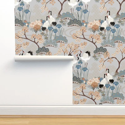 £121.95 • Buy Peel-and-Stick Removable Wallpaper Large Scale Japanese Garden Grey Asian Floral