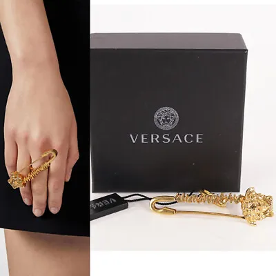 XS NEW $395 VERSACE TRIBUTE Gold Tone Brass LOGO MEDUSA Head Safety Pin RING NIB • $235