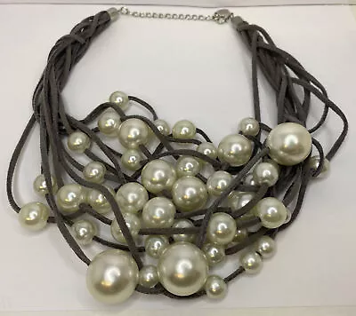 $14 • Buy Gray Suede Cord Necklace W Multi Row Hanging Faux Pearls Bubble Statement Bib 