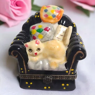 Vintage Porcelain Limoges Kitty Cat On Chair Loveseat Trinket Ring Pill Box • $24