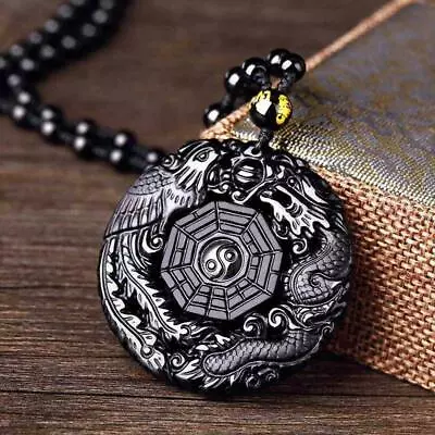 Black Obsidian Carving Wolf Yin Yang Dragon And Phoenix Necklace Lucky T8A5 • $7.35