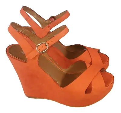Matiko LYNN Papaya Orange Wedge Platform Peep Toe High Heels Sandals Shoes Sz. 6 • $29.74