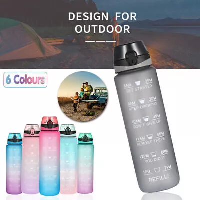 1L Water Bottle Motivational Drink Flask With Time Markings BPA Free Sport Gym • $14.98