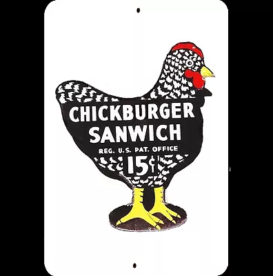 Vintage Tin Metal Sign 8x12 Classic Chickburger Sandwich Chicken Black White Red • $10.95