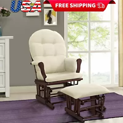 Modern Rocking Chair Baby Glider Cherry Finish Upholstered W/ Beige Cushions Hot • $198.07