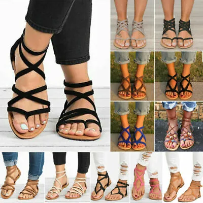Womens Gladiator Sandals Boho Strappy Thong Holiday Summer Flat Shoes Size Beach • £13.79