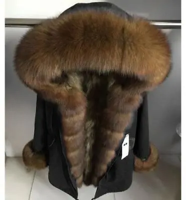 Women's Real Fox Fur Parka Coat Hooded Removable (Nyctereutes) Raccoon Fur Liner • $316.78