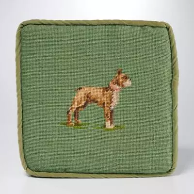 Needlepoint Boxer Mastiff Dog Green Square Seat Cushion Pillow 10.5  Squ • $39.99