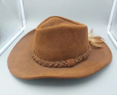 Minnetonka Brown Genuine Leather Western Feathered Cowboy Hat Size S  Used Nice! • $23.49