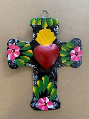 Hand-Painted Mexican Tin Folk Art Cross With 3-D Heart 28776 • $15