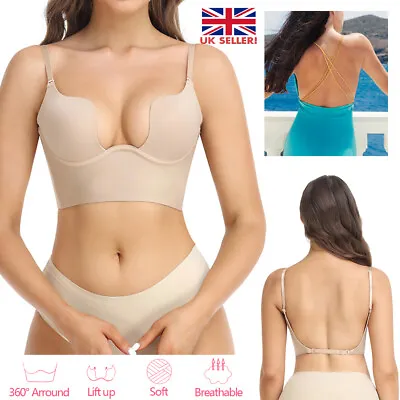 Women Low Back Bra Wire Lifting Deep U Shaped Plunge Backless Bras Clear Straps • £11.29